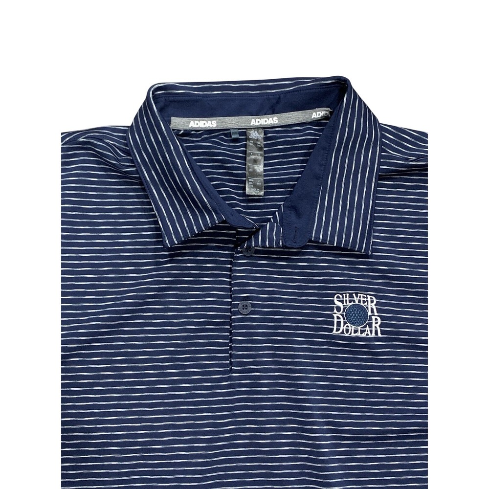 Adidas Golf Polo Shirt Mens 2XL Navy Blue White Striped Silver Dollar Logo Short